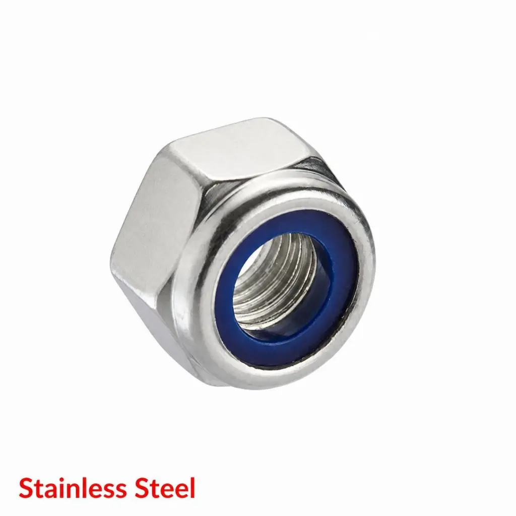 AI Generated Nyloc nut - Stainless Steel finish - red label bottom left