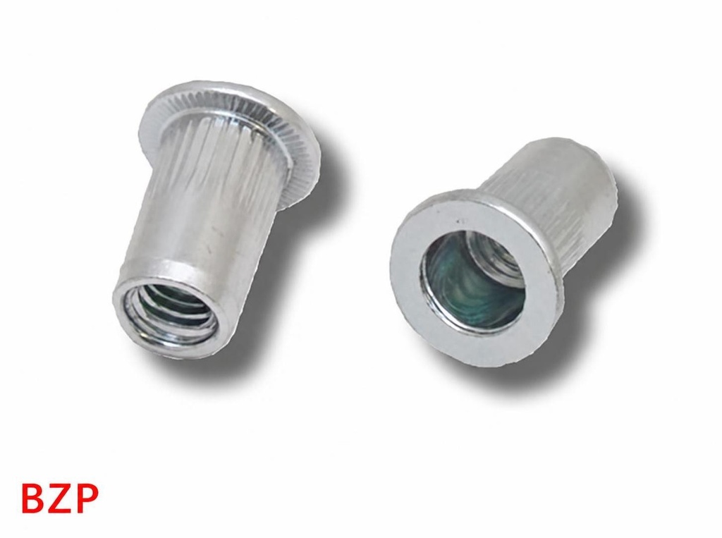 [RNM3X10GR05-15BZPFHRKB] JRP Rivet Nuts ((0.5 - 1.5), M3x10, Steel, BZP, Flat head, Round Knurled Body)